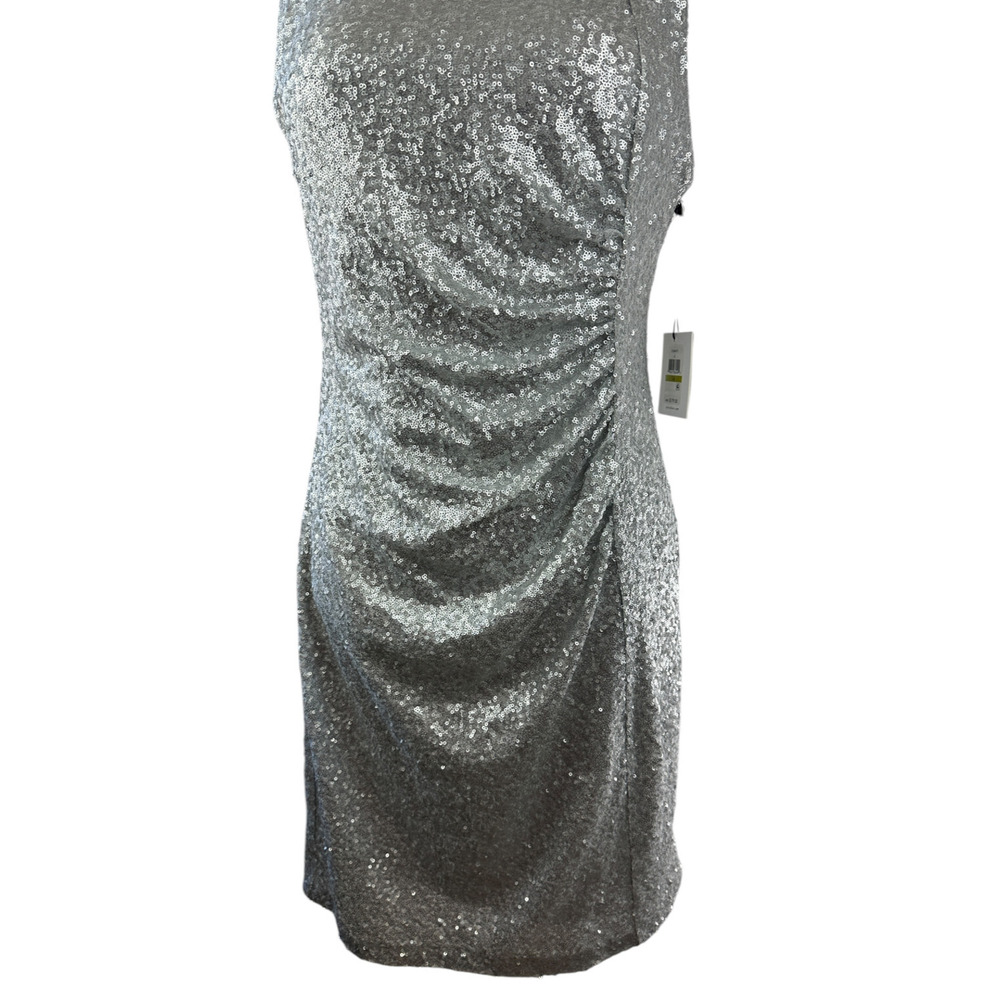 NWT Calvin Klein Sequin Ruched Sheath Shift Dress Silver Pleated Bodycon Size 14 - Picture 4 of 16